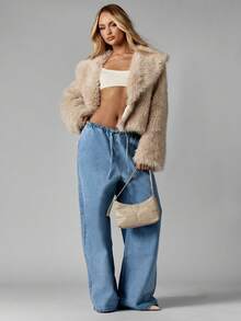 MISSGUIDED 奢华仿皮草短款夹克冬季毛绒泰迪外套柔软蓬松外套节日派对晚间休闲装短款舒适时尚宣言 - 卡其色 - 查看 4