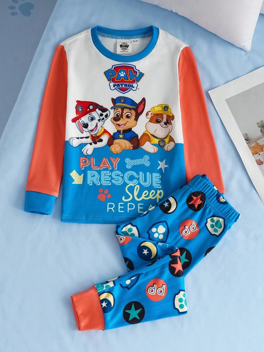 SHEIN | PAW Patrol Young Boy Cartoon Puppy Colorblock Long Sleeve Top And Pants Pajama Set, Autumn/Winter