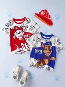 SHEIN | PAW Patrol 2 pièces/set T-shirt à manches courtes ample avec imprimé de chiot de dessin animé pour jeune garçon