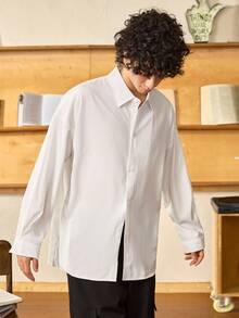 Open Phase STONE DISTRICT 男士纯色落肩衬衫，休闲衬衫，宽松服装，学院风 - 白色 - 查看 4
