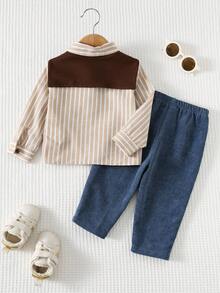 Cozy Pixies 2pcs Baby Boy Navy Style Contrast Color Shawl Collar Long Sleeve Shirt And Elastic Waist Faux Denim Pants Set, Gentleman Outfit For Holiday, Party, Casual, Outdoor, Lightweight Sports, Cute & Fashionable, Suitable For Multiple Occasions - Multicolor - View 2