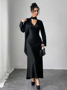 Modelyn Women's Casual Elegant Chic Commute Minimalist High-End Satin Twill Glossy Scarf Tie Waist Fitted Long Dress, Black, Autumn/Winter