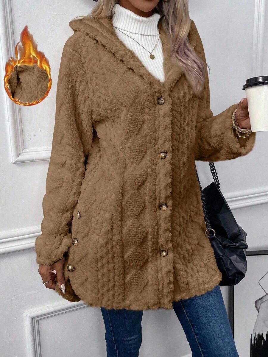 EMERY ROSE Chaqueta con capucha casual y suave con botones, para otoño - Marrón - Ver 1