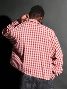 SUMWON Áo sơ mi dáng crop-top cổ điển họa tiết caro đỏ cỡ lớn cài nút, tay dài thường ngày, thêu hình mặt trăng, phong cách Rockabilly cổ điển - Đỏ - Xem 3