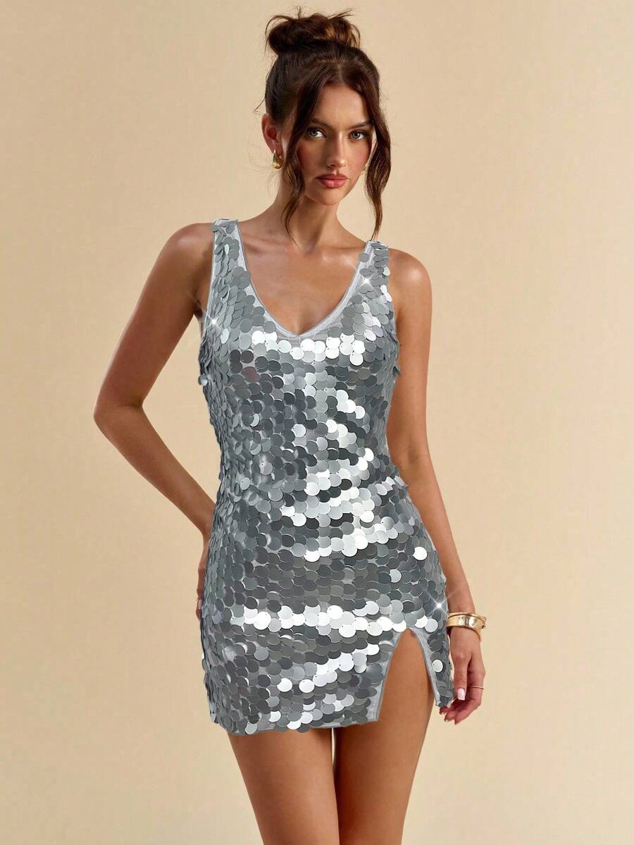 SHEIN BAE Summer Women's Deep V-Neck Bodycon Slit Mini Dress, Suitable For Banquet, Event, Party, Cocktail Party, Night Out - Silver - View 1