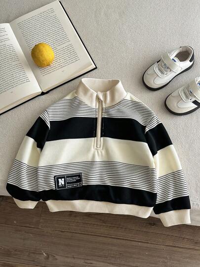 SHEIN 休闲可爱条纹高领长袖针织衫，适合男婴和女婴，舒适外出、上学、日常聚会、秋冬