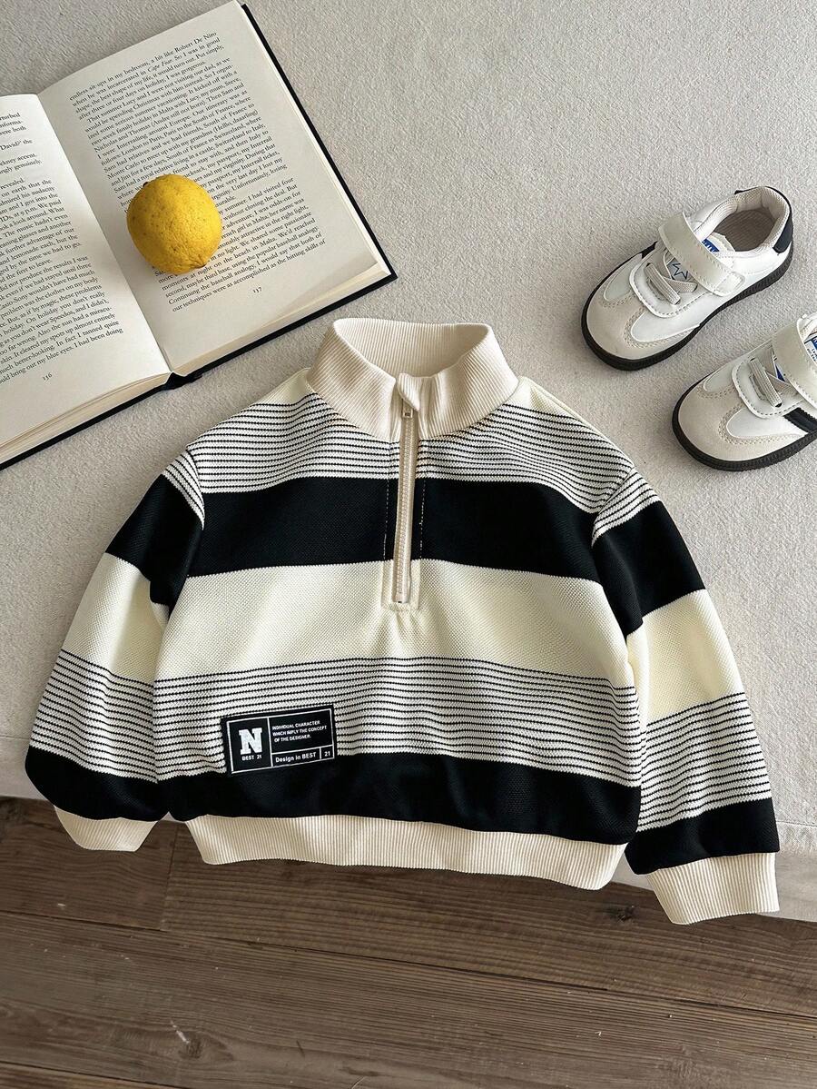 SHEIN 休闲可爱条纹高领长袖针织衫，适合男婴和女婴，舒适外出、上学、日常聚会、秋冬 - 黑與白 - 查看 1
