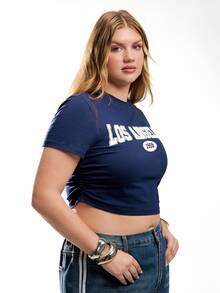 Solavibe 大码女式夏季至初秋休闲运动 T 恤，纯色，腰部褶饰，圆领，短袖，百搭基本款 T 恤 - 藏蓝色 - 查看 5