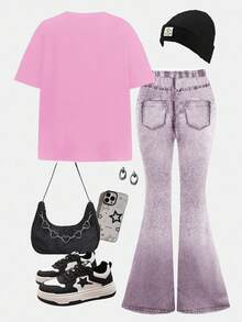 SHEIN Leap Crew 2 件套青少年女孩休闲宽松心形和脸涂鸦印花短袖圆领 T 恤和喇叭裤套装，适合夏季，适合居家、郊游、街拍、校园 - 彩色 - 查看 3