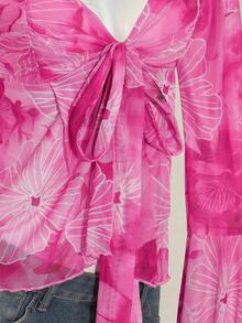 SHEIN ICON 女士粉色花卉印花不对称下摆长喇叭袖V领休闲吊带背心 - 彩色 - 查看 7