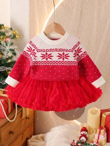 Baby Girl Casual Christmas Geometric & Polka Dot Pattern Raglan Sleeve Pullover Sweater, Autumn/Winter Fall - Red - View 6