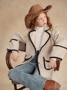 Tween Girls' Elegant French Style Lapel Ruffle Hem Long Overcoat With Large Pockets, Suitable For Daily Commute, Autumn/Winter Fall