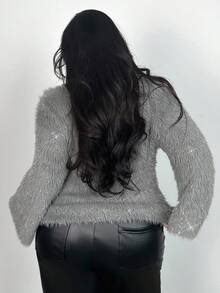 Firerie Plus Size Women's Grey Elegant V-Neck Fuzzy Pullover Sweater High-Elastic Trumpet Sleeve Knitwear Party, Wedding & Casual Commuting, Fall/Winter - Grey - View 4