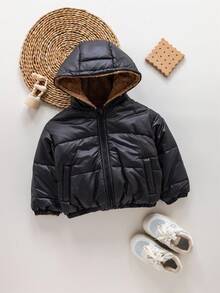 SHEIN 女婴可爱百搭保暖连帽夹克，秋冬 - 黑色 - 查看 4