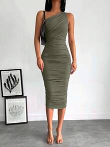 EURMUSE Women's Solid Color Sleeveless Pleated Fitted Midi Dress - Hijau Tentara - View 3