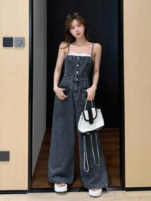 DAZY Women's Solid Color Spaghetti Strap Single-Breasted Casual Denim Bib Pants For Summer