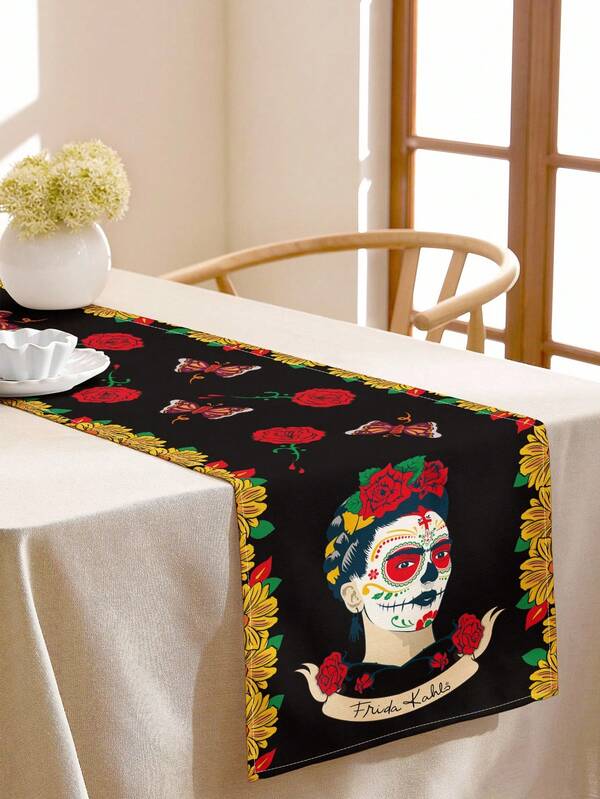 Frida Kahlo X SHEIN 1pc Thick Anti-Slip Frida Sunflower Printed Table Runner, Holiday Table Runner, Fits Various Table Lengths 90/160/183/200cm,HalloweenDay Of Dead,Day Of The Dead,Dia De Los Muertos, Skeleton & Floral,Skeleton,Marigold,Sugar Skulls,Cempasúchil,Candle,Ofrenda,Mexican Marigolds,Papel Picado