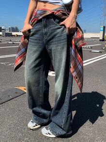 DAZY Women's Low-Waist Straight Leg Jeans, Casual Street Style City Wear Y2k - Dark Wash - View 4