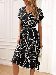 Miaspire Graphic Print Batwing Sleeve Belted Dress - Black and White - View 5