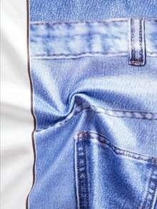 SHEIN 2 件装新生男童/女童经典蓝白复古英伦风格针织双层加厚运动衫带口袋和仿牛仔效果印花裤套装，休闲时尚，适合居家/外出，秋冬