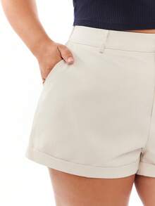 Solavibe Plus Size Solid Color Shorts With Slanted Pockets - Beige - View 3