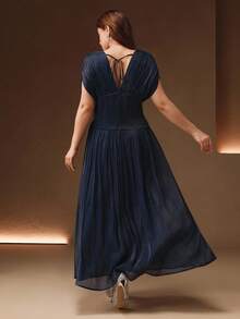 Anewsta Vestido Longo Mulheres Plus Size Decote em V Manga Curta com Contas, Corrente, Franzido na Cintura, Costas Abertas e Amarração, Elegante e Sofisticado, Adequado para Outono, Festas, Casamentos, Ano Novo