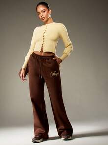 MISSGUIDED Pantalones de chándal de pierna ancha con estilo retro, bordados con texto, cintura alta, joggers casuales, cómodos para el invierno y uso urbano - Marrón - Ver 4