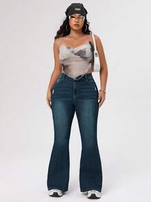 SHEIN EZwear Quần jeans ống loe cạp cao, túi hộp, thường ngày, đa năng, cỡ lớn dành cho nữ - Màu xanh lam - Xem 4