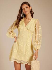 Enchnt Fall/Winter Romantic Women's Yellow 3D Floral Embroidery V-Neck Long Lantern Sleeves Mini Dress - Yellow - View 6