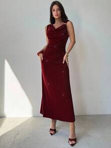 Firerie Váy lụa bóng cổ trễ thanh lịch thường ngày cho nữ màu đỏ tía/Trang phục dự tiệc/Váy dự tiệc cưới/Váy dạ hội/Quần áo mùa thu cho nữ/Váy năm mới cho nữ/Váy dự tiệc/Tiệc hóa trang/Váy lễ hội/Váy năm mới/Váy tốt nghiệp/Váy bóng/Váy đỏ cho nữ/Váy đỏ tía - Màu Hoa hồng đỏ - Xem 4