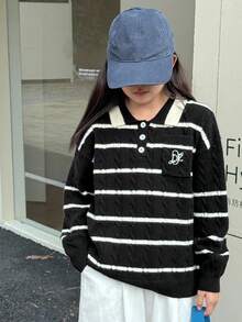 DAZY Tween Girls Turtleneck Striped Sweater, Fall - Black - View 5