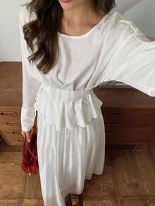 Elyressa 女式蝙蝠袖褶饰系腰衬衫和 A 字裙两件套 - 白色 - 查看 6