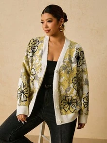 Travachic Plus Size Cardigan Sweater, Women's Winter Sweater Fall Clothes For Women, New Year Outfit, Thanksgiving Outfit For Women, Elegant Women's Blouses, Casual Blouses For Women, Brown Top Warm And Comfortable Sweater, Yellow Floral Patterned Knitted Jacket Containing Wool