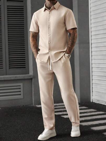 Manfinity CasualCool 2pcs/Set Men Casual Contrast Color Short Sleeve T-Shirt And Pants Set