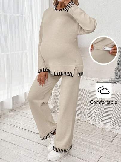 SHEIN Maternity Drop Shoulder Sweater And Adjustable Waist Knit Pants Casual Suit, Autumn Maternity 2 Pieces Sets Knit Two Pieces Set Maternity Clothes Two Pieces Suits Women 2 Pieces Clothing Sweater Sets For Women  Winter Clothes For Women