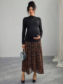 Momance Maternity Solid Stand Collar Long Sleeve T-Shirt And Leopard Print Midi Skirt Elegant 2-Piece Set, Autumn - Multicolor - View 5