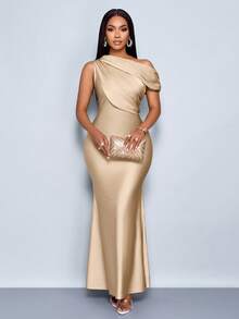 SOLERSUN 夏季女士服装婚礼派对优雅杏色针织亮面面料不对称露肩无袖拼接收褶修身鱼尾裙摆长裙 - 卡其色 - 查看 7