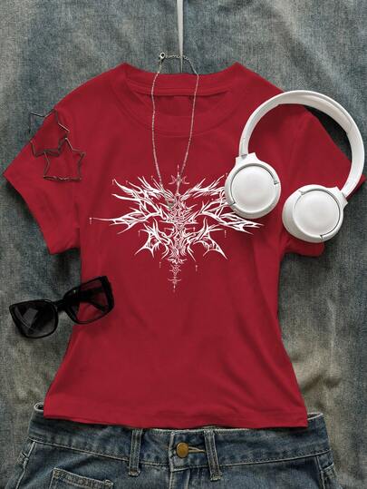SHEIN EZwear Camiseta casual de mujer de cuello redondo y manga corta con estampado gótico
