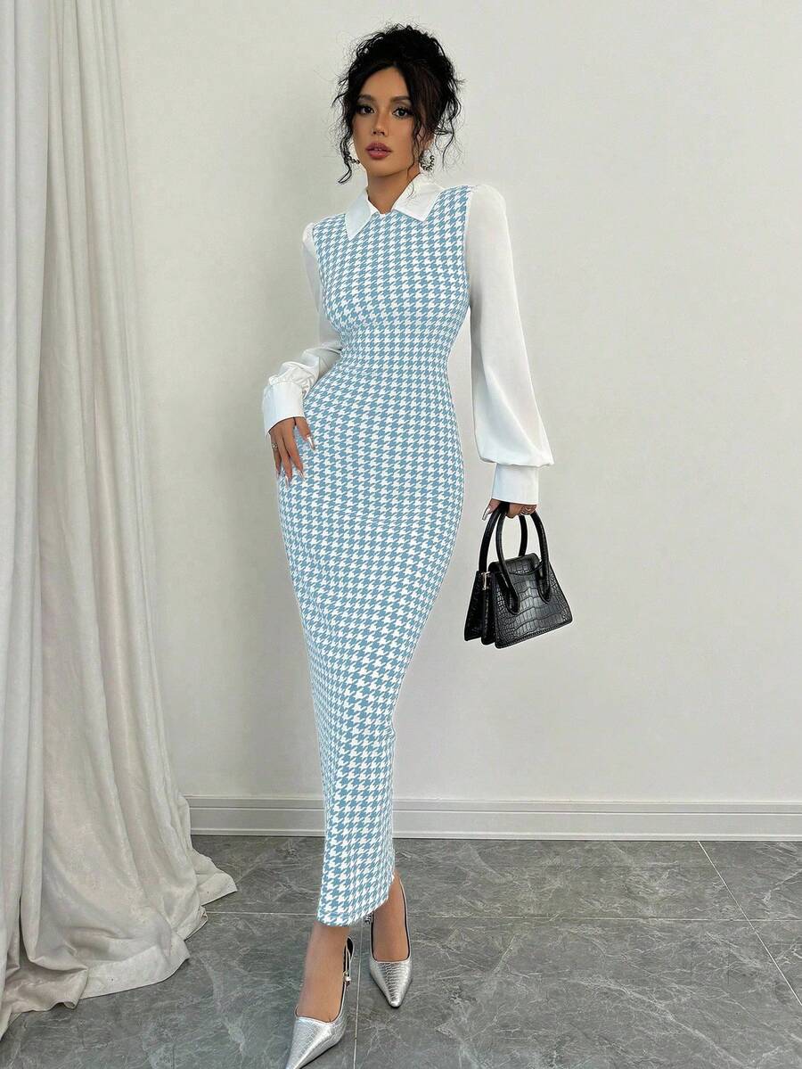 Selianne 时尚简约优雅修身长款拼接泡泡袖衬衫领千鸟格图案面料女式长裙秋冬季超长女装 - 淺藍色 - 查看 1