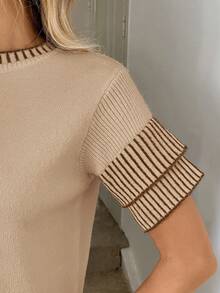 Easowa Women's Striped Contrast Trim Crew Neck Knit Top,Fall - Khaki - View 3