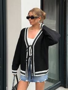 EURMUSE Plus Women Contrast Hem Detailed Front Tie Chunky Cardigan - Black - View 4