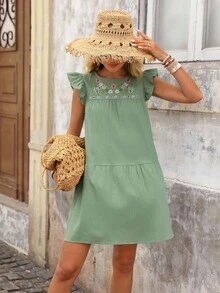 Brillora Floral Embroidery Ruffle Trim Smock Dress - Mint Green - View 3