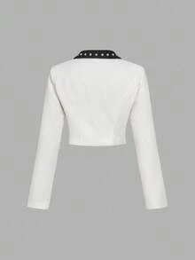 SHEIN MOD 2 pièces Ensemble blazer et mini-jupe femme avec col blocs de couleurs et décoration de strass, couleur abricot, pour l'automne/hiver - Nude - Voir 7