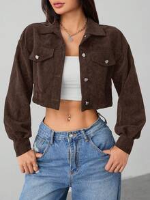 SHEIN PETITE Spring Outfits Drop Shoulder Flap Detail Crop Corduroy Jacket In Fall/Winter - Brown - View 4