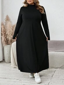 SHEIN CURVE+ 大码优雅纯色高领长袖修身连衣裙女春秋长裙黑色长裙性感冬长裙长袖长裙休闲基本款连衣裙 - 黑色 - 查看 6