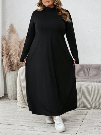 SHEIN CURVE+ Plusstorlek Elegant Enfärgad Höghalsad Långärmad Slim-Fittande Klänning För Damer, Vår- Och Höstlångklänning, Svart Långklänning, Sexig Vinterlångklänning, Långärmad Långklänning, Avslappnad Basklänning