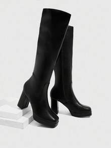 CUCCOO SZL 欧美高跟方头厚底靴，黑色