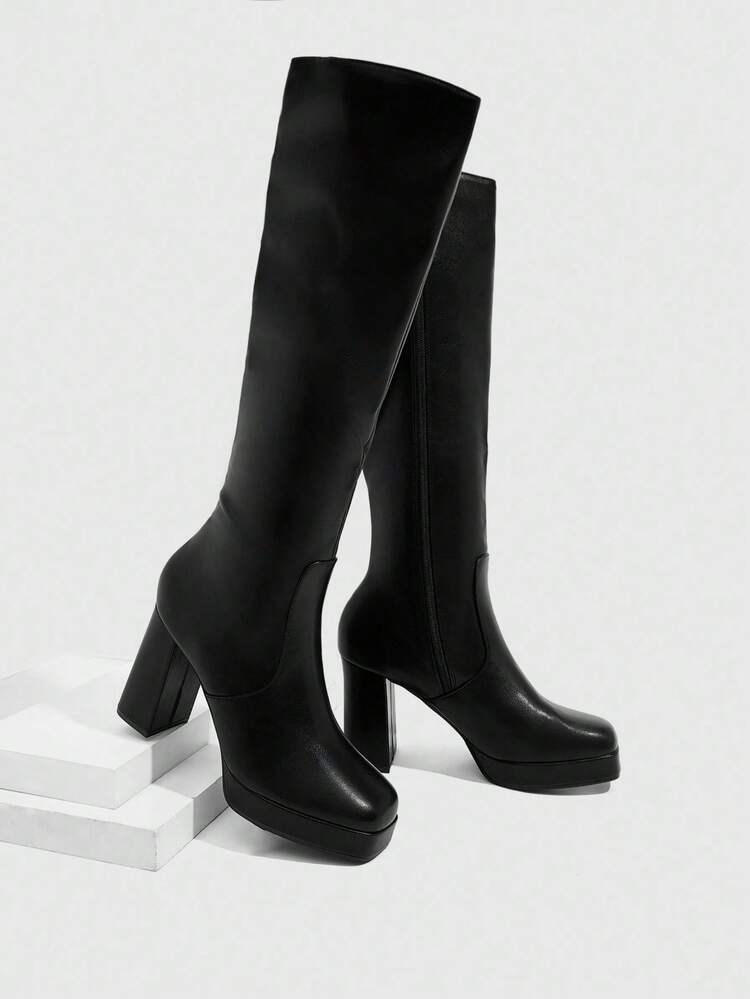 CUCCOO SZL European & American High Heel Square Toe Platform Boots, Black