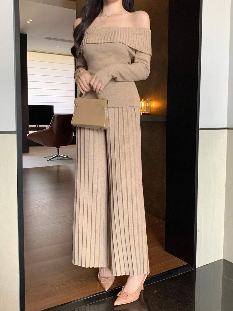 Women's Elegant Solid Color Off Shoulder Sweater & Pants 2 Pieces Set, Autumn