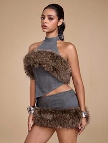 ROMWE Grunge Punk Women's Y2K Suede Patchwork Faux Fur Collar Vintage Distressed Top - Dark Grey - View 4